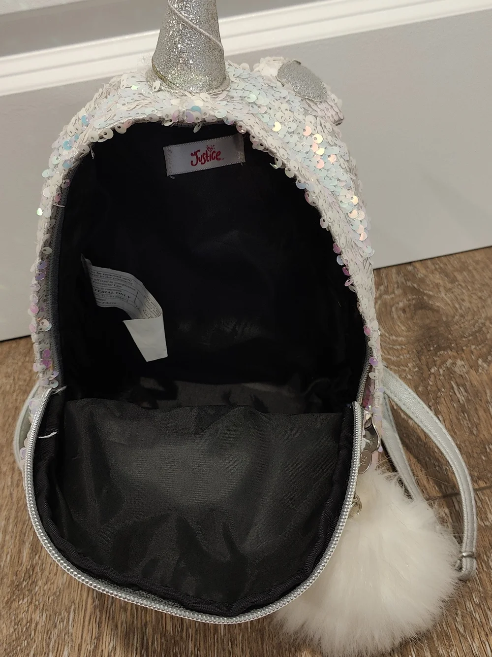 Justice Iridescent Sequin Unicorn Mini Backpack with Letter K And White Pom